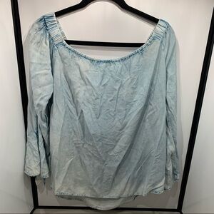Tramp Blouse Womens Size XL Pale Blue Off Shoulder Long Sleeve Tie Cuff
